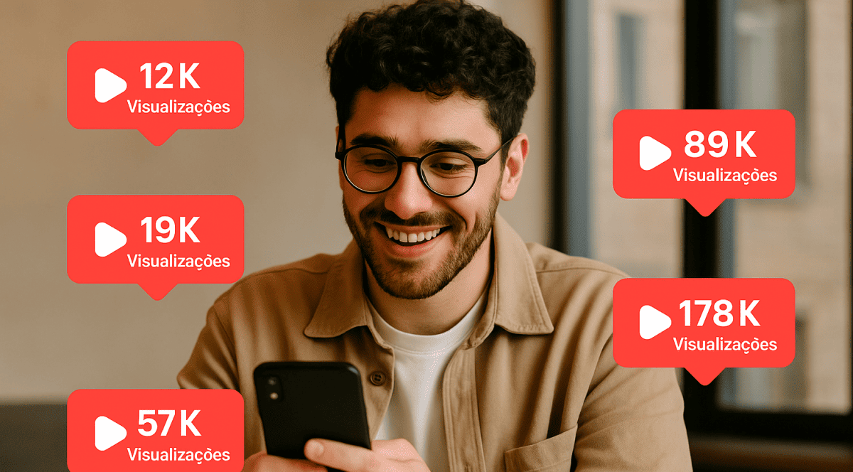 Homem sorridente olhando para o celular enquanto bal&otilde;es com n&uacute;meros de visualiza&ccedil;&otilde;es aparecem ao seu redor, como 12K, 19K, 57K, 89K e 178K visualiza&ccedil;&otilde;es.