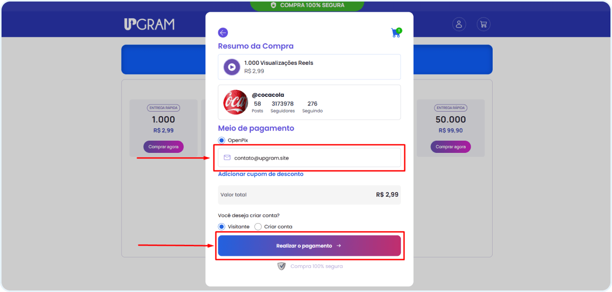 coloque seu e mail e clique no botao continuar min