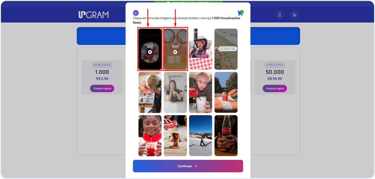 escolha os videos no qual deseja receber as visualizacoes reels min