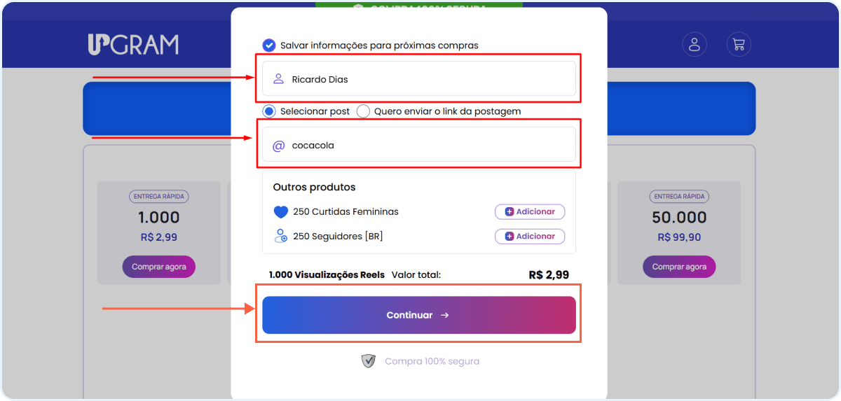 popup comprando visualizacoes Instagram